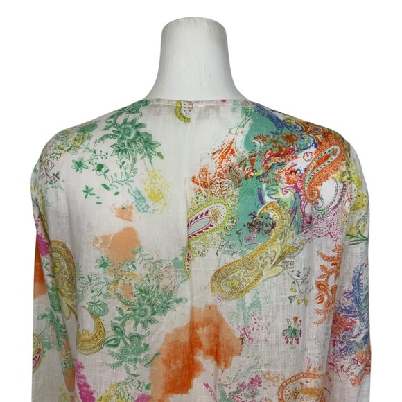 Soft Surroundings Linen Ruffle Paisley Blouse L Multicolor Long Sleeve Coastal - Picture 8 of 12